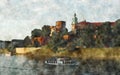 Landscape with Wawel castle above the river Visla in Cracov, Poland