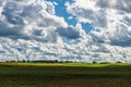 Landscape with Wheat Field and Cloudy Blue Sky in Background. Sunlight and Wide Shadows Area. Royalty Free Stock Photo