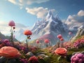 A landscape with whimsical mountain, oversized flowers arounds, surreal creatures, dreamlike, enchanting paradise, nature view