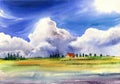 A landscape with white cumulus clouds, blue sky and a small house with a red roof Royalty Free Stock Photo