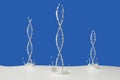 landscape white liquid milk partition dna shape string bubbles splash ripples triple helix floating surface on blue background.