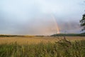 Landscape with wild field, dramatic sky and rainbow. Royalty Free Stock Photo