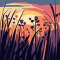 Landscape with wild grasses at sunset. Vector illustration in flat style Generative AI
