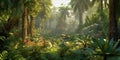 Landscape of wild green jungle, panorama of deep tropical forest, generative AI Royalty Free Stock Photo