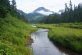 landscape of wild swampy mountain valley with clear river Royalty Free Stock Photo