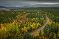 Landscape with Wildernes Road through forest in autumn in Lapland in Sweden from above Royalty Free Stock Photo