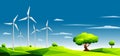 Landscape with wind farm in green fields among trees.Ecology Concept.Polygonal style Royalty Free Stock Photo