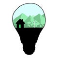 Landscape and wind turbine in a light bulb vector illustration sketch doodle hand drawn with black lines isolated on white Royalty Free Stock Photo