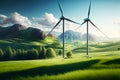 Landscape with windmills. Renewable electricity technology. Generative AI