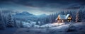 Landscape of winter forest at Christmas night, panorama of lone house, sky and snow. Scenery of light and trees in snowy woods.