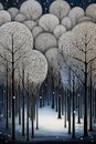 Landscape with winter forest in minimalistic graphic style. Monochrome vertical illustration