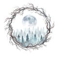 Watercolor forest with the Moon inside a wreath