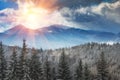 Landscape of winter mountains at sunshine. View of the snowfall and snow covered hills. Royalty Free Stock Photo