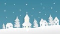 Landscape winter season with urban countryside, crunch, house, pine tree and falling snow background in paper cut style. Vector Royalty Free Stock Photo