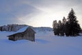 A landscape in winter with a wooden hut and trees Royalty Free Stock Photo