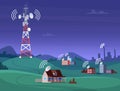 Landscape wireless tower. Satelite antena mobile coverage television radio cellular digital signal vector illustration