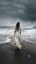 nature woman landscape dress beach cloud sea sky storm summer ocean. Generative AI. Royalty Free Stock Photo