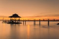 Landscape of Wooded bridge pier between sunset. Summer travel in