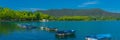 Landscape with a wooden boat at the Lake of Banyoles in Girona, Spain, panorama Royalty Free Stock Photo