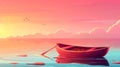 Landscape with wooden boat parked on a calm lake or pond, isolated on a white background with birds flying in pink skies Royalty Free Stock Photo