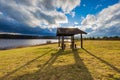 Landscape with wooden hut. Royalty Free Stock Photo