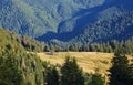 The landscape with the wooden hut and fence on the lawn with green fir trees, high mountains covered by forests. Touristic resort. Royalty Free Stock Photo