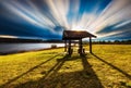 Landscape with wooden hut. Long exposure photo. Royalty Free Stock Photo