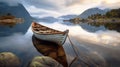 Landscape with wooden row boat on mountain lake, scenic idyllic view, generative AI