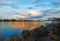 Landscape of the & x22;Rhein& x22; river in Bonn/Germany & x28;Day-time long exposure 82s past Goldenhour& x29; Royalty Free Stock Photo