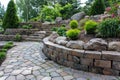 Landscaped backyard with stone retaining walls and a variety of plants