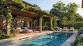 Landscaped design of beautiful home garden and pool in summer, arbor or pergola overgrown by plants at back yard. Concept of house Royalty Free Stock Photo