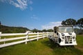 Landscaped flower garden with a old car for backgr Royalty Free Stock Photo