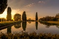 Sunset and reflections over the pool at Hadrian`s Villa in Tivoli, Rome