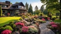 Landscaped home garden, path in beautiful house yard in summer