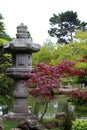 The landscaped Japanese Tea Garden with a Japanese stone lantern in front of a pond in Golden Gate Park