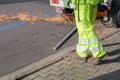 Landscaper worker cleaning foot way in park from dead leaves. Using electric powered Leaf Blower