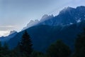 Landscapes across Chamonix valley in France, wonderful view of the top of Petit Drew, a ray of light glides on top of us mountains Royalty Free Stock Photo