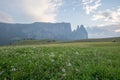 Landscapes on Alpe di Siusi with Schlern Mountain Group in Background and small cabins on the grassland in Summer during the sunse