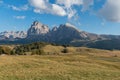 Landscapes on Alpe di Siusi with small cabins on grassland in autumn, South Tyrol, Italy