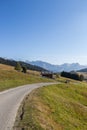 Landscapes on Alpe di Siusi with small cabins on grassland in autumn, South Tyrol, Italy