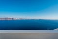 Landscapes of the blue Aegean Sea and volcanic mountain of Santorini Island, Greece Royalty Free Stock Photo