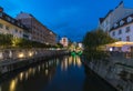 Landscapes of the canal and famous landmarks in Ljubljana city center in night