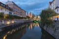 Landscapes of the canal and famous landmarks in Ljubljana city center in night