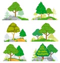 Landscapes with coniferous and deciduous trees, grass or rocks. Vector set