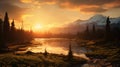 Ethereal Landscape Shot Capturing the Sun\'s Golden Hue Over Majestic Mountains and Serene Lakes