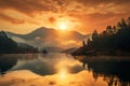 Ethereal Landscape Shot Capturing the Sun\'s Golden Hue Over Majestic Mountains and Serene Lakes