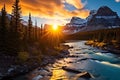 Ethereal Landscape Shot Capturing the Sun\'s Golden Hue Over Majestic Mountains and Serene Lakes