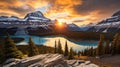 Ethereal Landscape Shot Capturing the Sun\'s Golden Hue Over Majestic Mountains and Serene Lakes