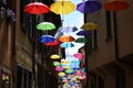 The bright colors of the umbrellas hanging in the small alleys of Belluno, in Italy