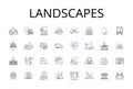 Landscapes line icons collection. Mountainscapes, Waterscapes, Skyscapes, Cityscapes, Seascapes, Forestscapes